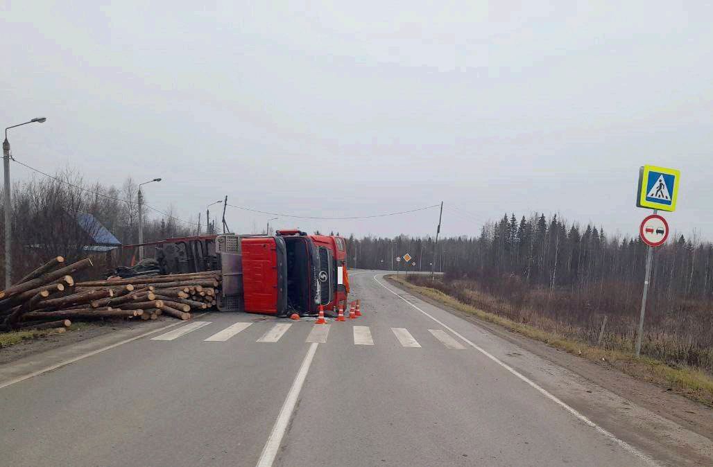 Лесовоз опрокинулся на дороге в Кировской области