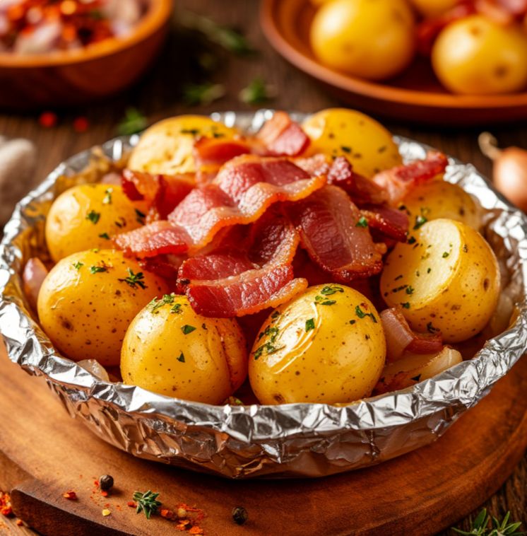 Картофель, запеченный с салом и луком в фольге