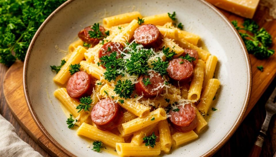 Сытная паста с сосисками в нежном сливочном соусе