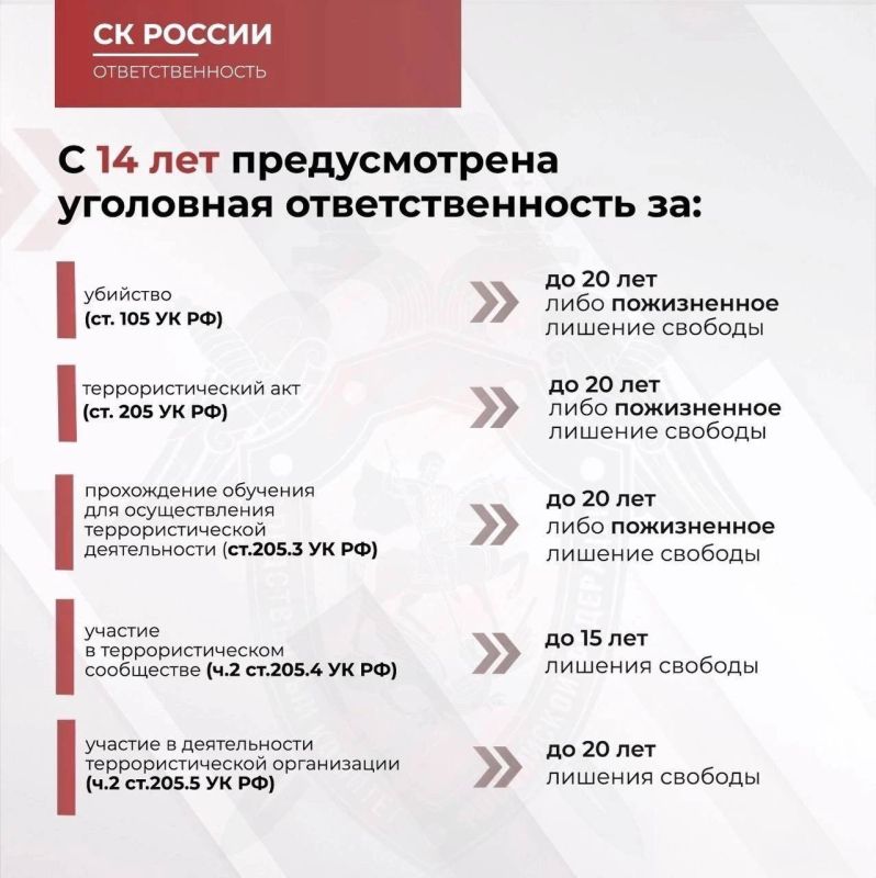 Следственное управление СК России по Кировской области напоминает: за преступления против государства и общественной безопасности уголовная ответственность наступает с 14 и 16 лет