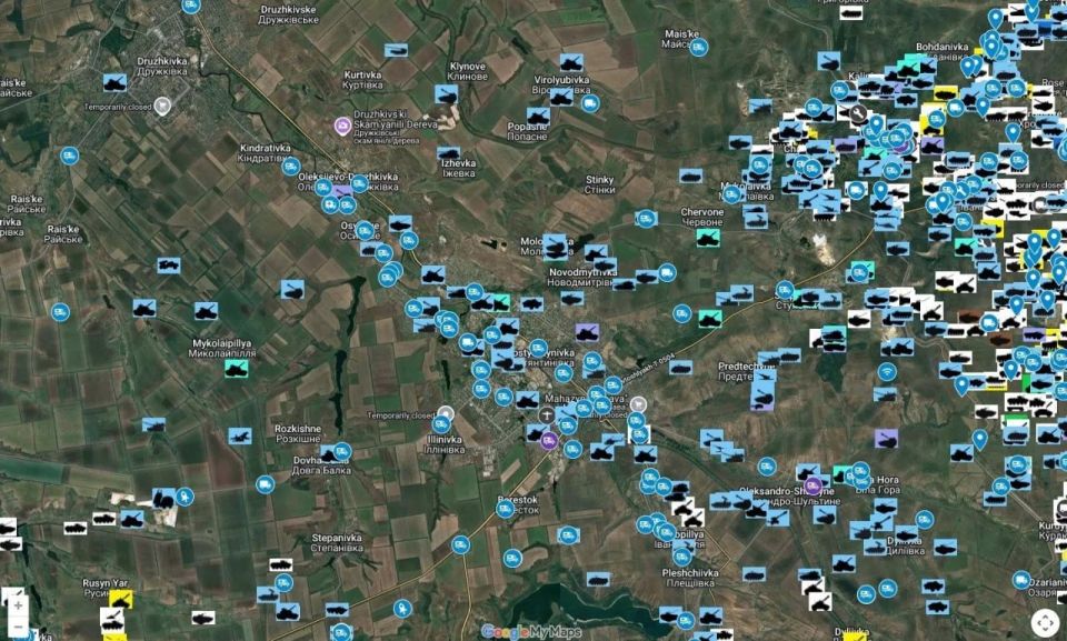 Предполагаемый объём потерь в технике и артиллерии ВСУ (обозначены синим цветом) в ходе боёв за Константиновку — карта "Военной хроники"