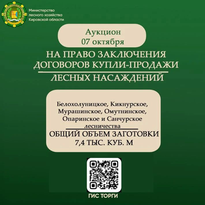 Министерство лесного хозяйства Кировской области приглашает субъекты малого и среднего предпринимательства принять участие в аукционе на право заключения договоров купли-продажи лесных насаждений, который состоится 07...