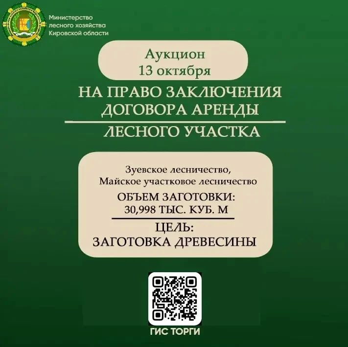 Министерство лесного хозяйства Кировской области 13 октября 2026 года проводит аукцион на право заключения договора аренды лесных участков на территории Зуевского лесничества, Майского участкового лесничества