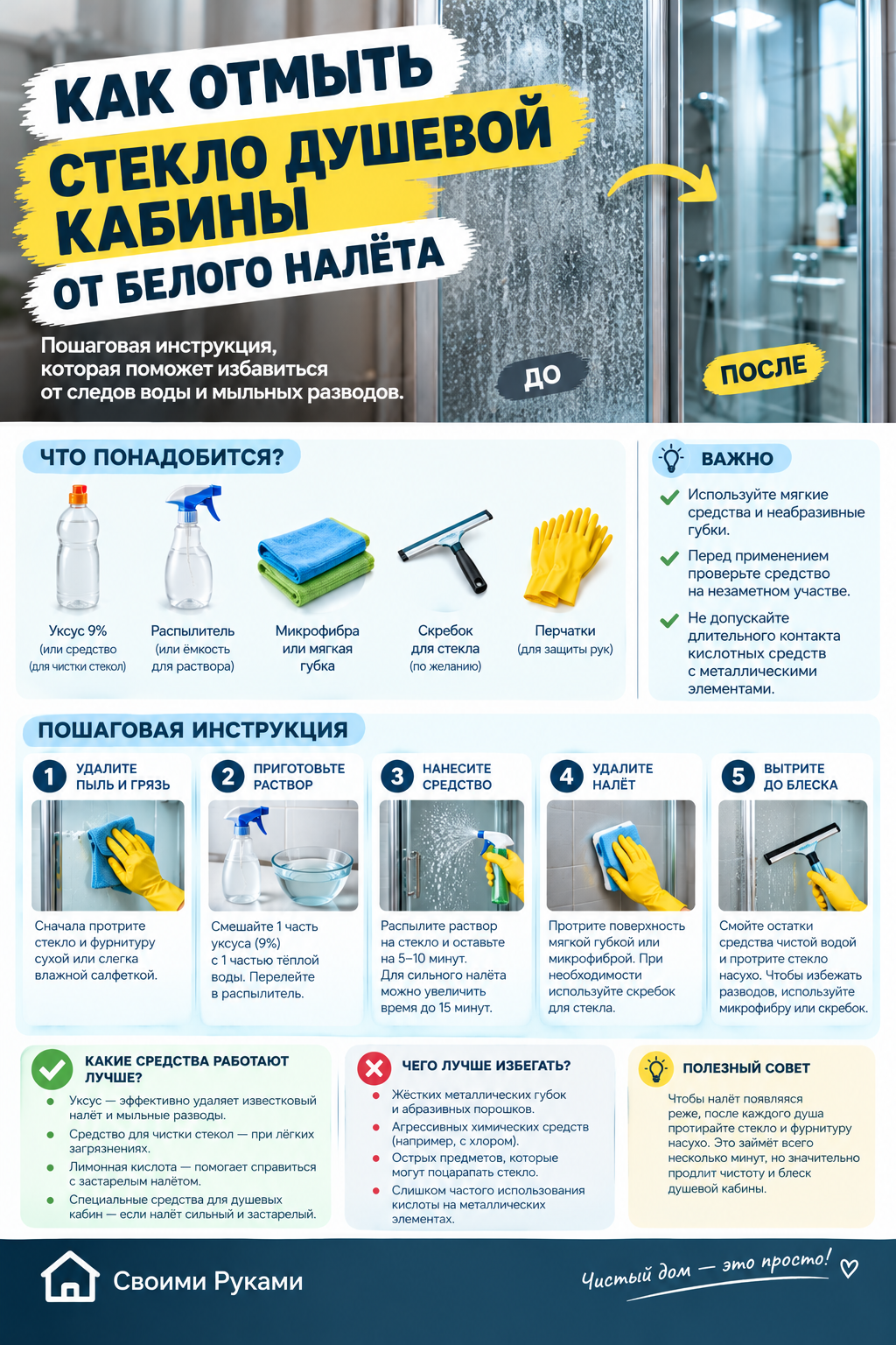 Белый налёт на стекле душевой кабины: простой способ вернуть блеск